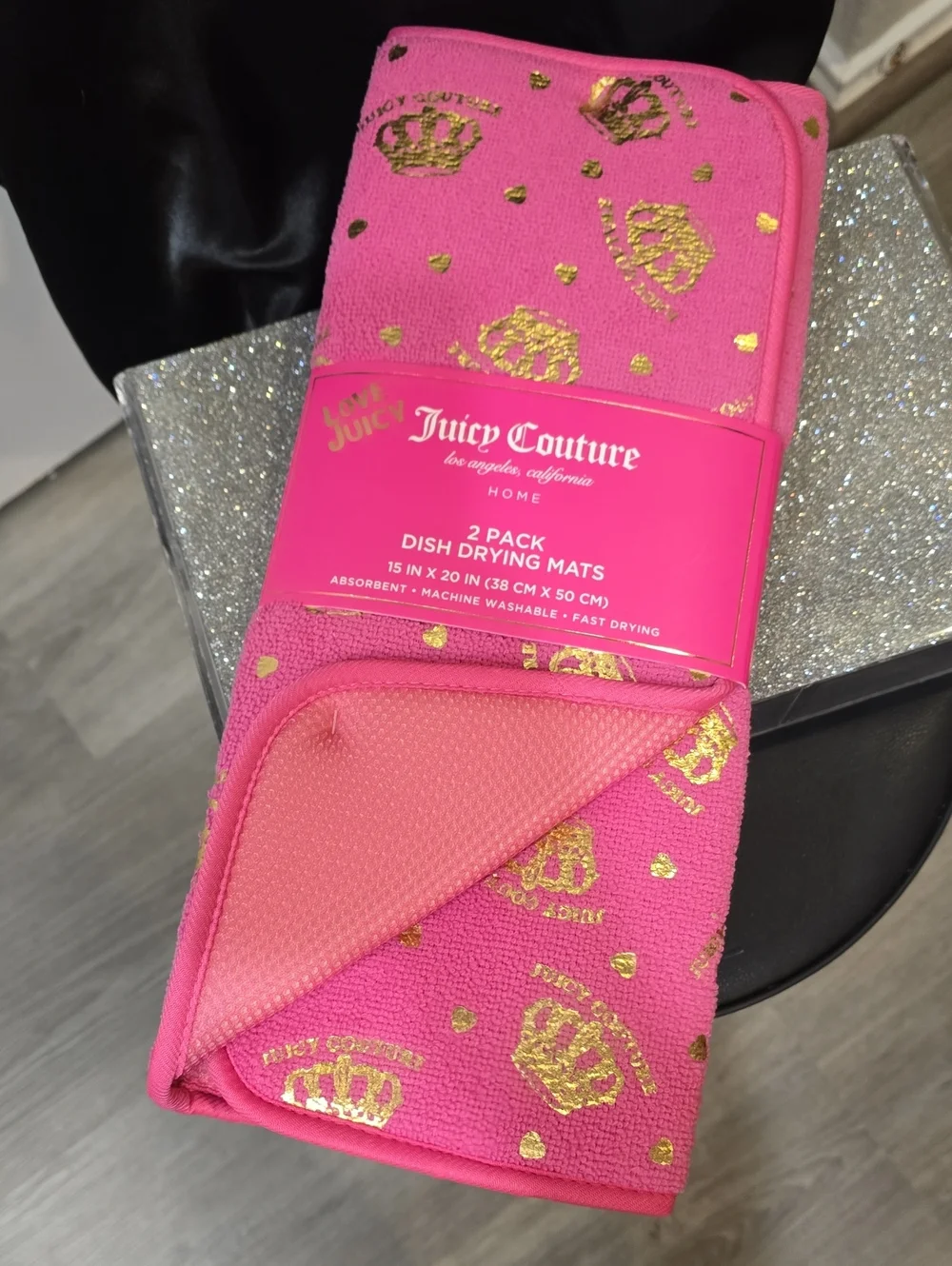 Juicy Couture Home Gold Foil Logo Crown & Heart Print Dish Drying Mats- 2 Pack